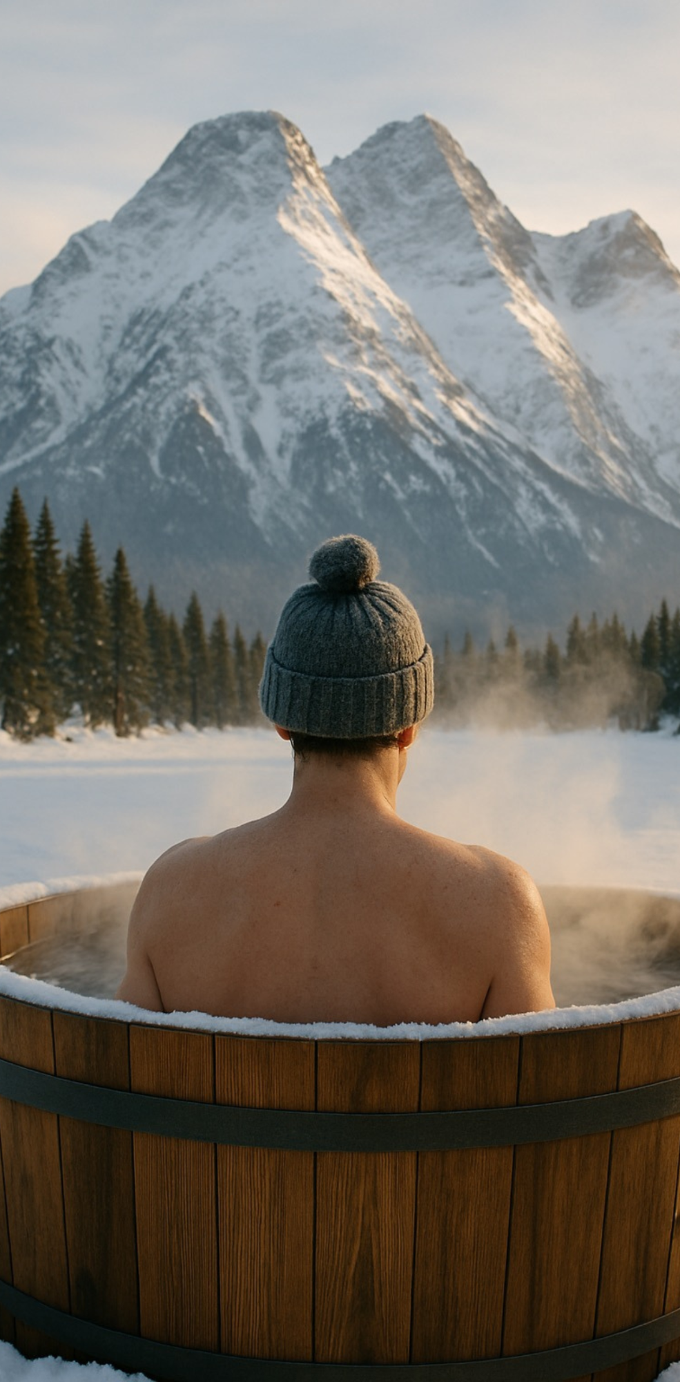 Eisbaden im Holzfass